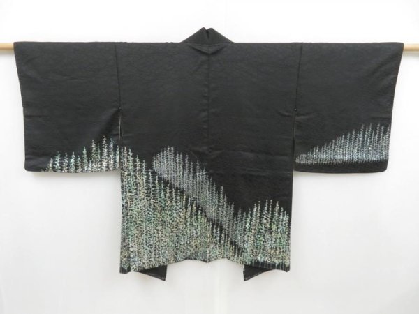 Photo1: 4511T04z570 Vintage Japanese Kimono Silk HAORI Trees Black (1)