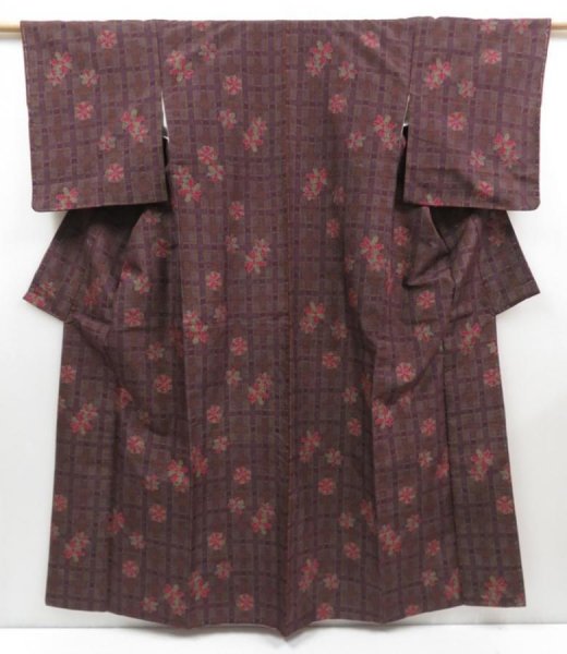 Photo1: 4511T08z720 Vintage Japanese Kimono Silk TSUMUGI Flower Purple-Brown (1)