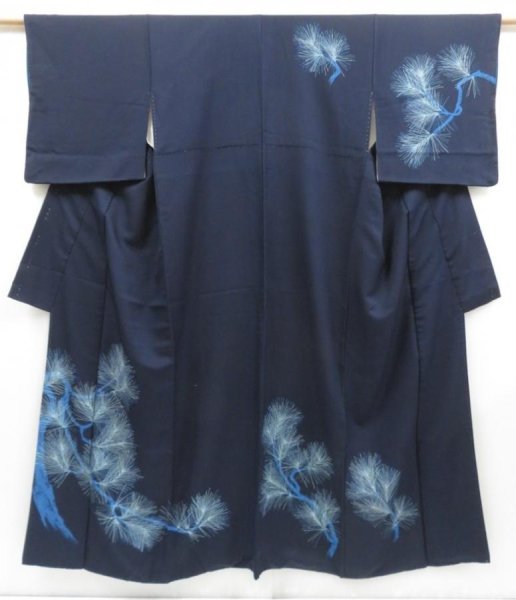 Photo1: 4511T10z900  Japanese Kimono Silk TSUKESAGE Pine Dark navy (1)