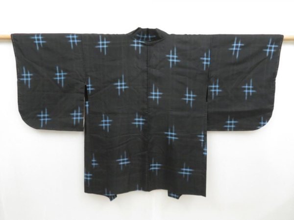 Photo1: 4512T03z400 Vintage Japanese Kimono Silk MEISEN HAORI Kasuri Black (1)