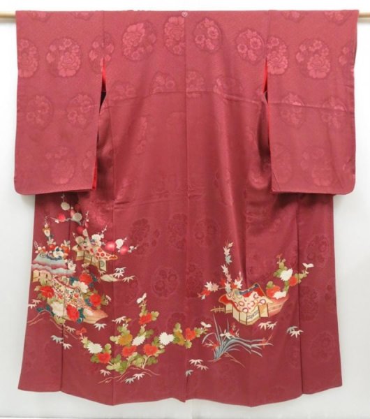 Photo1: 4512T04z680 Antique Japanese Kimono Silk TSUKESAGE House Red-Brown (1)