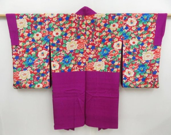 Photo1: 4512T06z440 Antique Japanese Kimono Silk NAGA HAORI Plain Purple-Pink (1)