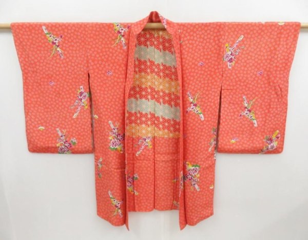 Photo1: 4512T07z500 Antique Japanese Kimono Silk NAGA-HAORI Flowers Dark salmon (1)