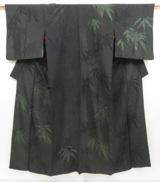 Photo1: 4512T11z820 Vintage Japanese Kimono Silk TSUKESAGE Bamboo grass Black (1)