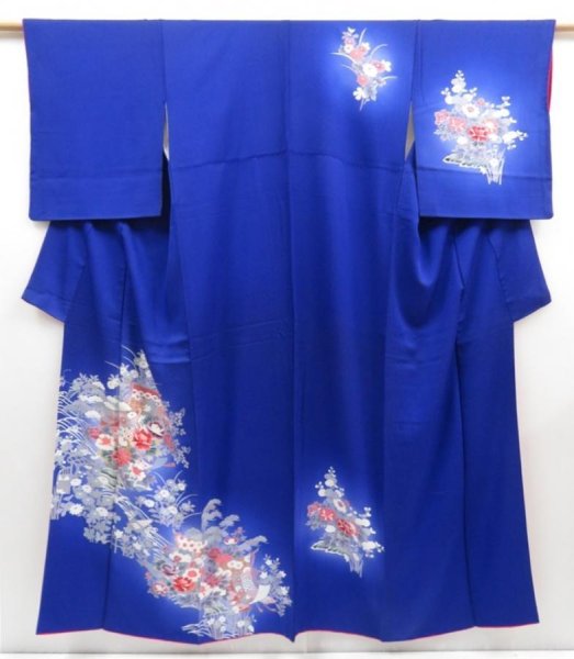 Photo1: 4513T06z850  Japanese Kimono Silk TSUKESAGE Flowers Oriental blue (1)