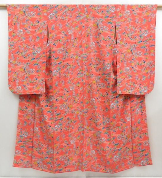 Photo1: 4513T09z950  Japanese Kimono Silk KOMON Flowers Coral pink (1)