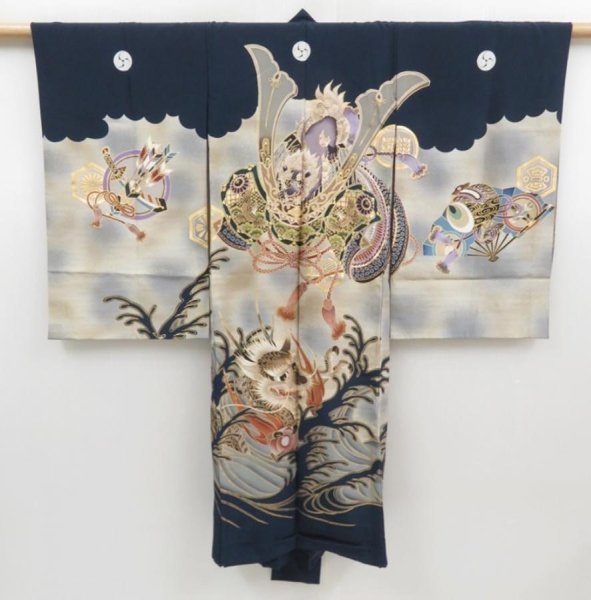 Photo1: 4517T01z370  Japanese Kimono Silk Boy's  Dragon Navy (1)