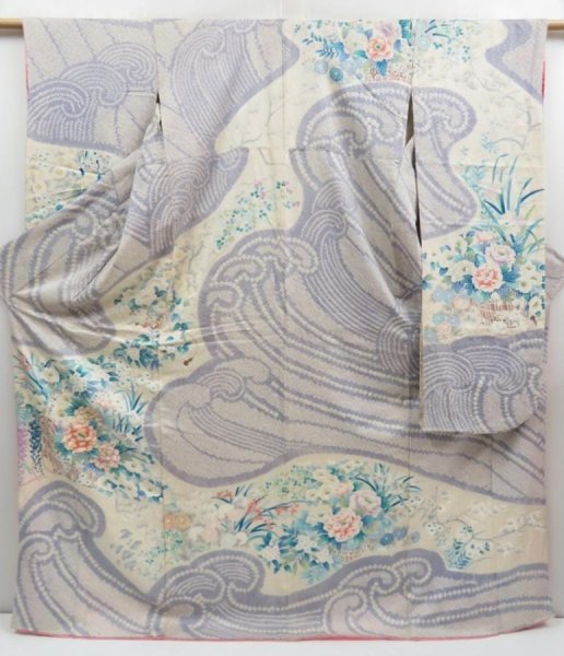 Photo1: 4517T05z1160  Japanese Kimono Silk FURISODE Peony Lavender (1)