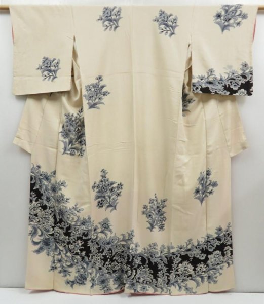 Photo1: 4517T09z930 Vintage Japanese Kimono Silk TSUKESAGE Flower Off-white (1)