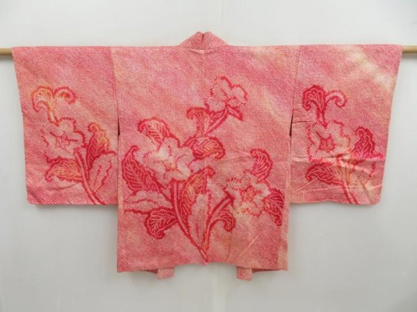 Photo1: 4518T02z450 Vintage Japanese Kimono Silk SHIBORI HAORI Flower Red-Pink (1)