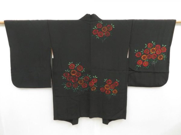 Photo1: 4518T08z680 Vintage Japanese Kimono Silk HAORI Flower Black (1)