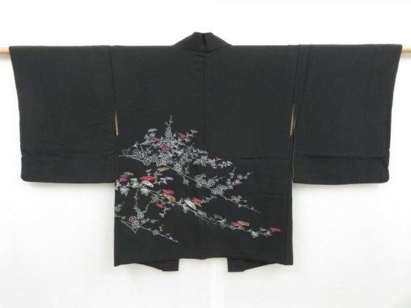 Photo1: 4518T14z560 Vintage Japanese Kimono Silk HAORI Chrysanthemum Black (1)