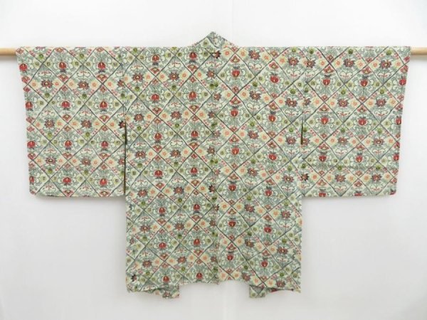 Photo1: 4520T02z470 Vintage Japanese Kimono Silk HAORI Flowers Soft green (1)