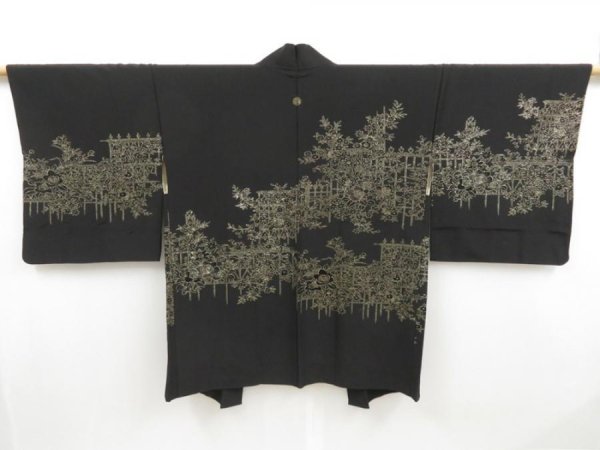 Photo1: 4520T11z660 Vintage Japanese Kimono Silk HAORI Flowers Black (1)