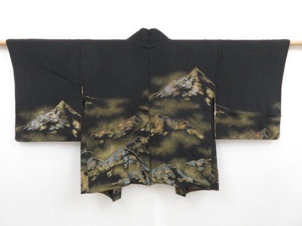 Photo1: 4520T13z510 Vintage Japanese Kimono Silk HAORI Mountain Black (1)