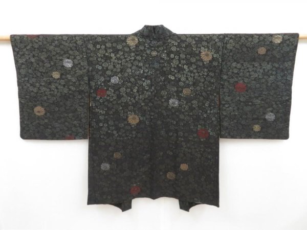 Photo1: 4524T02z740 Vintage Japanese Kimono Silk HAORI Chrysanthemum Black (1)