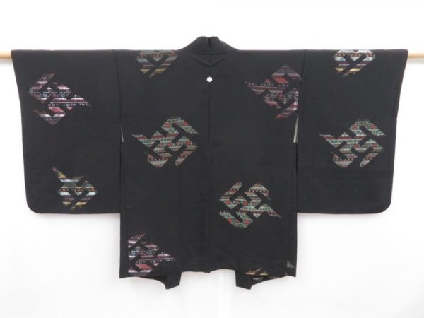 Photo1: 4524T06z630 Vintage Japanese Kimono Silk HAORI Fylfot Black (1)