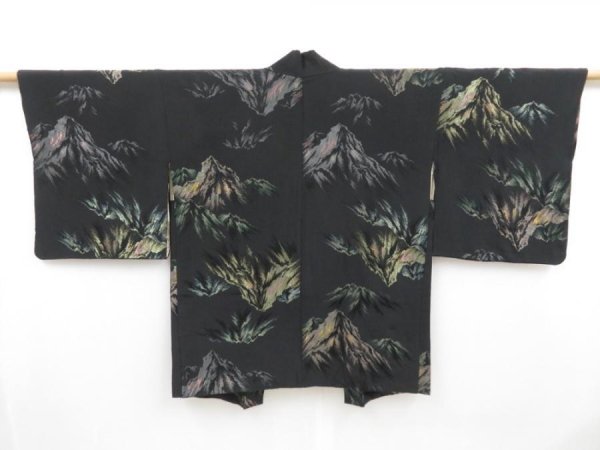 Photo1: 4525T04z590 Vintage Japanese Kimono Silk HAORI Mountain Black (1)