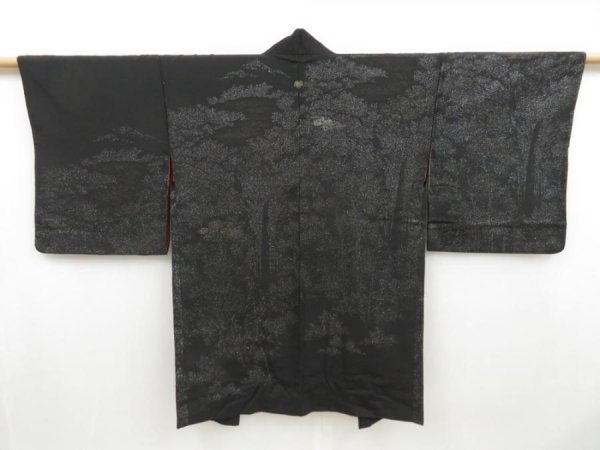 Photo1: 4526T03z620 Vintage Japanese Kimono Silk HAORI Trees Black (1)