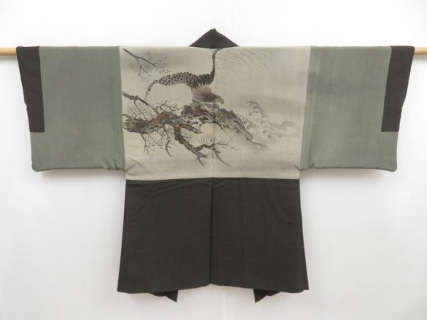 Photo1: 4526T04z440 Vintage Japanese Kimono Silk Men's HAORI Hawk Olive-Brown (1)