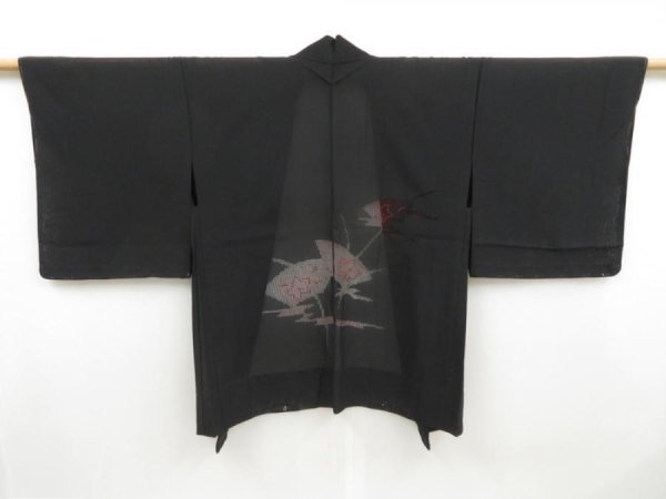 Photo1: 4526T05z310 Vintage Japanese Kimono Silk See through HAORI Jigami Black (1)