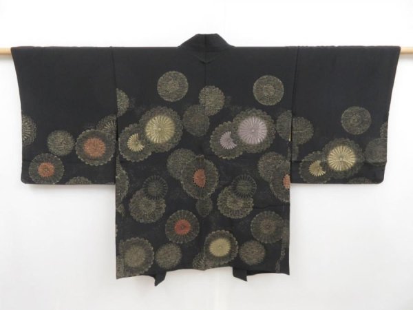 Photo1: 4526T08z620 Vintage Japanese Kimono Silk HAORI Chrysanthemum Black (1)