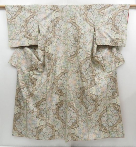 Photo1: 4526T10z730 Vintage Japanese Kimono Silk OSHIMA TSUMUGI Plum tree (1)