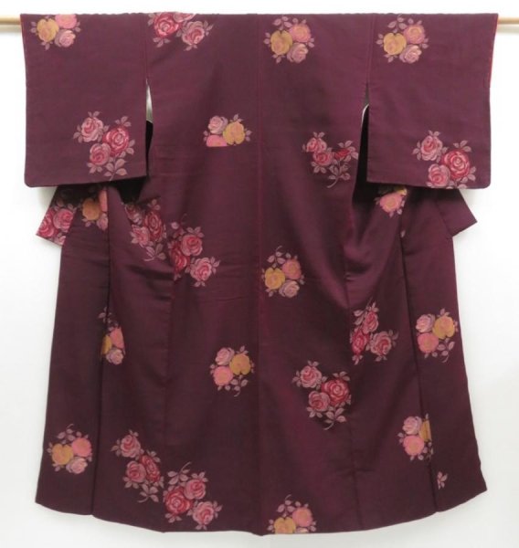 Photo1: 4530T12z740 Vintage Japanese Kimono Silk OMESHI Rose Dark grape (1)