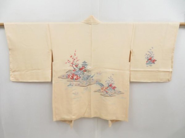 Photo1: 4603T03z540 Vintage Japanese Kimono Silk HAORI Flowers Light cream (1)