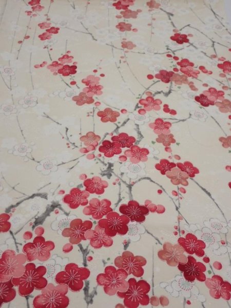 Photo1: 2U01z70  Japanese Kimono Silk  FABRIC Plum branch Off-white 47.2x14.2 (1)