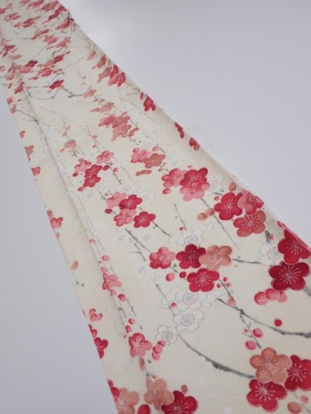 Photo1: 2U07z40  Japanese Kimono Silk  FABRIC Plum branch Off-white 56.7x7.5 (1)