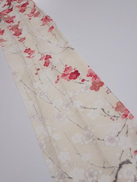 Photo1: 2U10z30  Japanese Kimono Silk  FABRIC Plum branch Off-white 35.4x6.5 (1)