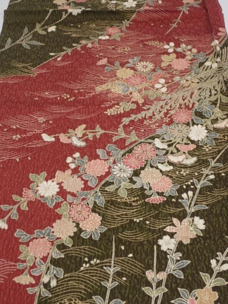 Photo1: 2S01z60  Japanese Kimono Silk  FABRIC Flowers Dull red 42.1x14.8 (1)