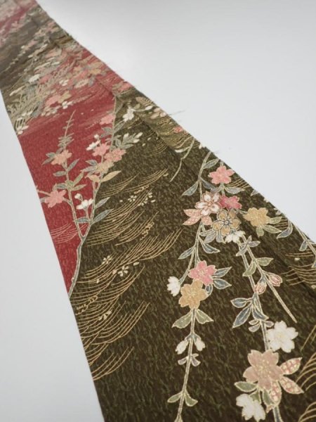 Photo1: 2S07z50  Japanese Kimono Silk  FABRIC Flowers Dull red 62.2x7.5 (1)