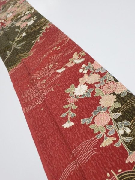 Photo1: 2S10z30  Japanese Kimono Silk  FABRIC Flowers Dull red 37.8x6.9 (1)