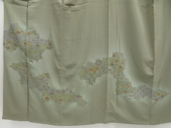 Photo1: 4604T09z1030  Japanese Kimono Silk TSUKESAGE Embro Flowers Sage green (1)