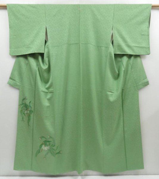 Photo1: 4604T13z860 Vintage Japanese Kimono Silk IROTOMESODE Phoenix Light green (1)