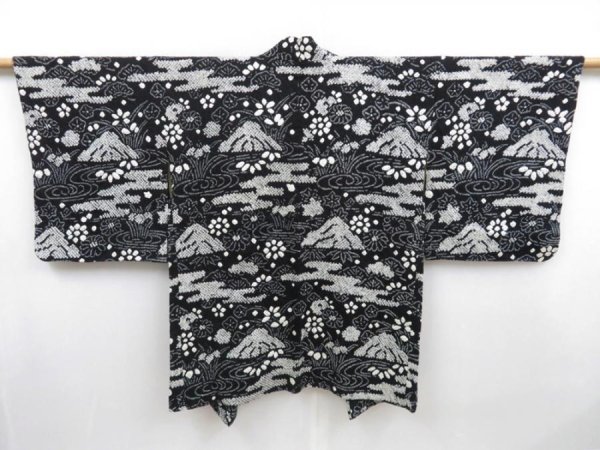 Photo1: 4607T07z650 Vintage Japanese Kimono Silk SHIBORI HAORI Flowers Black (1)