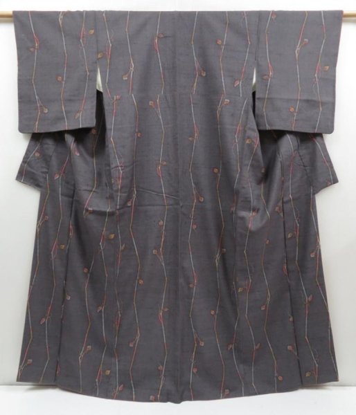 Photo1: 4607T13z1000 Vintage Japanese Kimono Silk TSUMUGI Branch Dark gray (1)