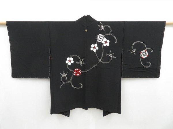 Photo1: 4608T05z590 Vintage Japanese Kimono Silk HAORI Plum blossom Black (1)