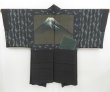 Photo1: 4608T07z720 Vintage Japanese Kimono Silk Men's HAORI Mt.Fuji Black (1)