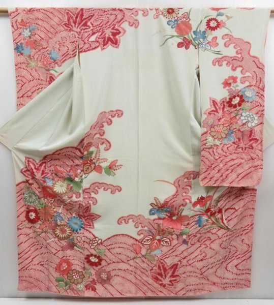 Photo1: 4608T12z960 Vintage Japanese Kimono Silk FURISODE Chrysanthemum Celadon (1)