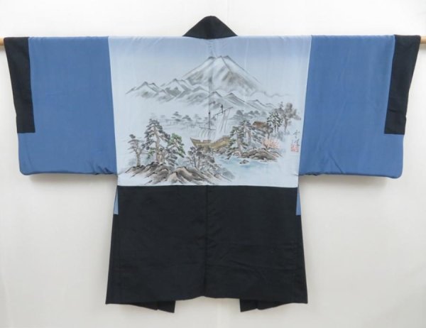 Photo1: 4609T02z690 Vintage Japanese Kimono Silk Men's HAORI Ship Navy-Gray (1)