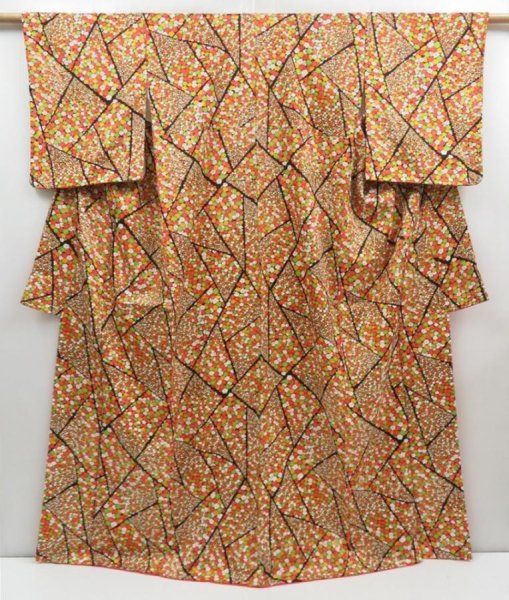 Photo1: 4609T11z1010  Japanese Kimono Silk KOMON Flower Orangered (1)