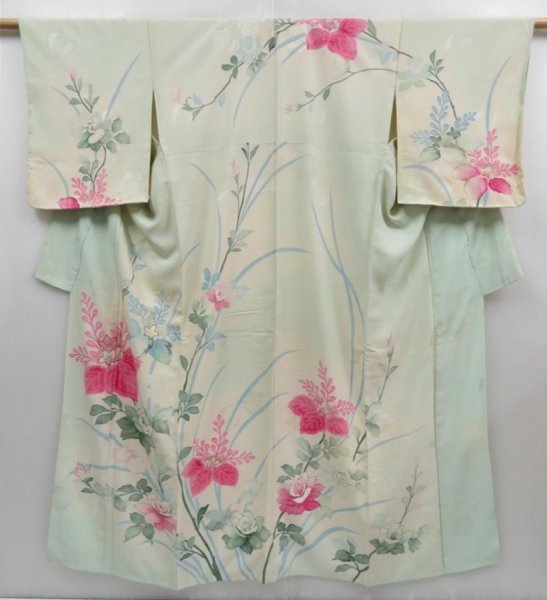 Photo1: 4609T12z840 Vintage Japanese Kimono Silk TSUKESAGE Paulownia Light blue (1)