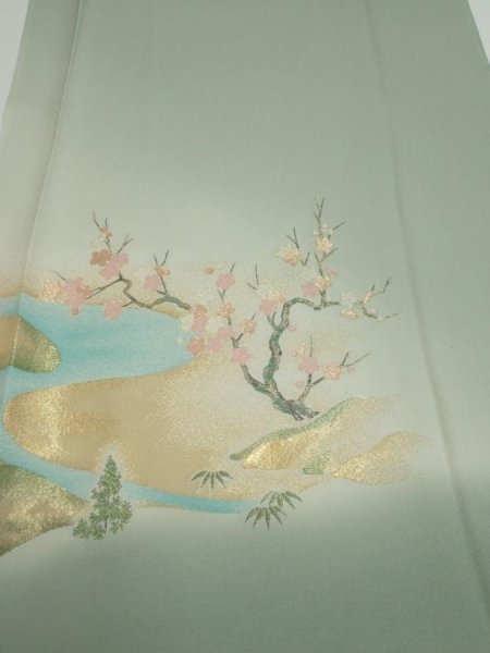 Photo1: 2A03z90  Japanese Kimono Silk  FABRIC Plum tree Soft green 74.0x14.2 (1)