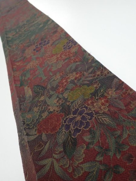 Photo1: 2A07z50  Japanese Kimono Crepe Silk  FABRIC Flowers Dark red 61.4x7.1 (1)