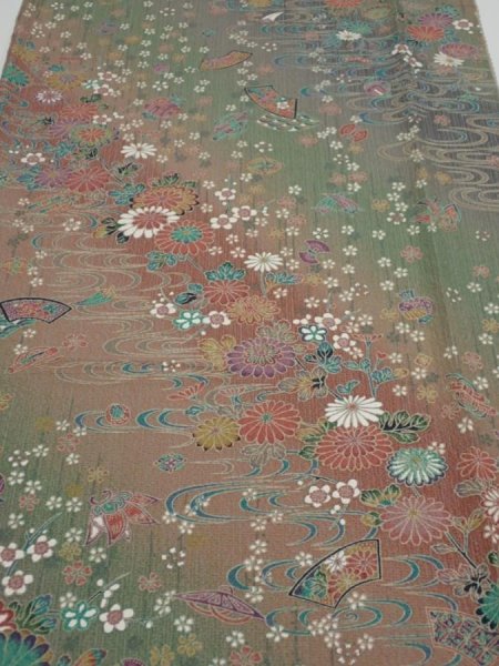 Photo1: 2B06z90  Japanese Kimono Silk  FABRIC Flowers Dull green 66.1x15.0 (1)