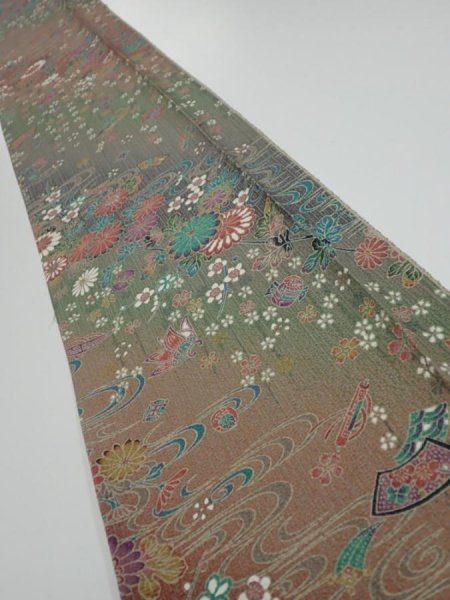 Photo1: 2B07z50  Japanese Kimono Silk  FABRIC Flowers Dull green 61.4x7.9 (1)