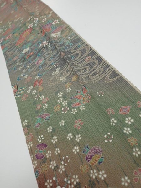 Photo1: 2B10z30  Japanese Kimono Silk  FABRIC Flowers Dull green 36.2x6.9 (1)